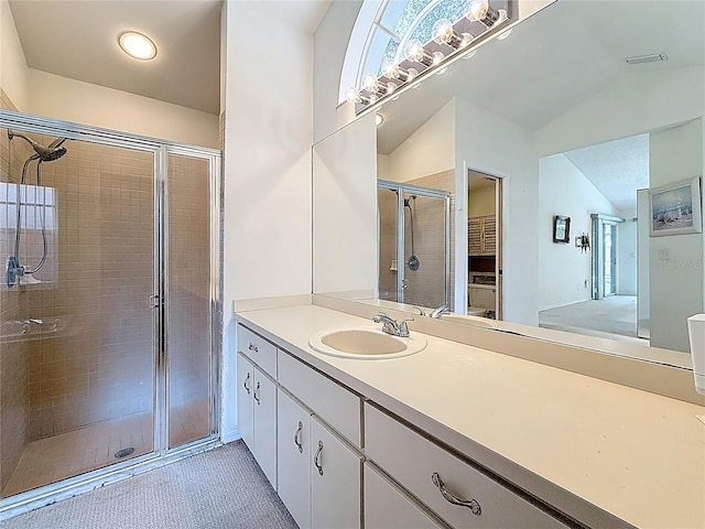 2973 Spring Oak Ct, Palm Harbor, FL 34684 - full bath featuring vaulted ceiling, a shower stall, and vanity