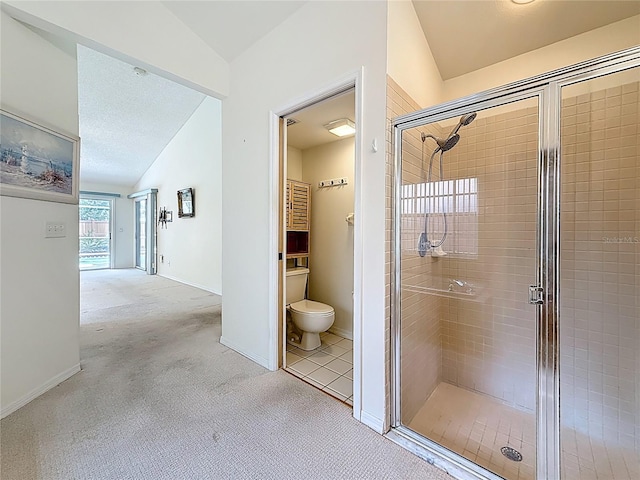 2973 Spring Oak Ct, Palm Harbor, FL 34684 - full bath with toilet, a stall shower, lofted ceiling, and baseboards