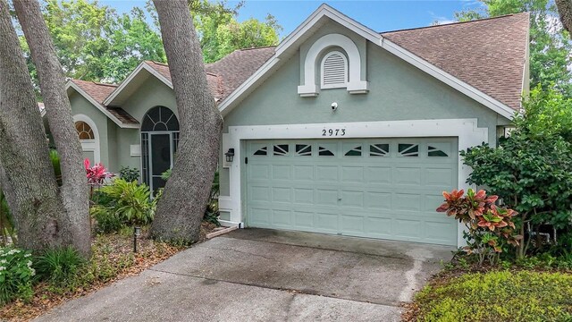 2973 Spring Oak Ct, Palm Harbor, FL 34684 - view of front facade with roof with shingles, stucco siding, an attached garage, and concrete driveway