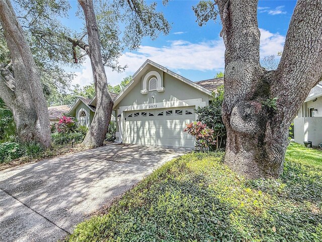 2973 Spring Oak Ct, Palm Harbor, FL 34684 - view of front of house with a garage, concrete driveway, and stucco siding
