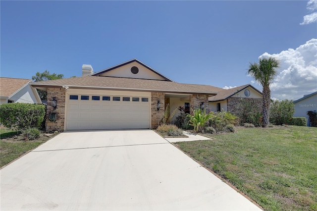 8521 Caitlin Ct, Hudson, FL 34667 - ranch-style home featuring an attached garage, a front yard, concrete driveway, brick siding, and a chimney