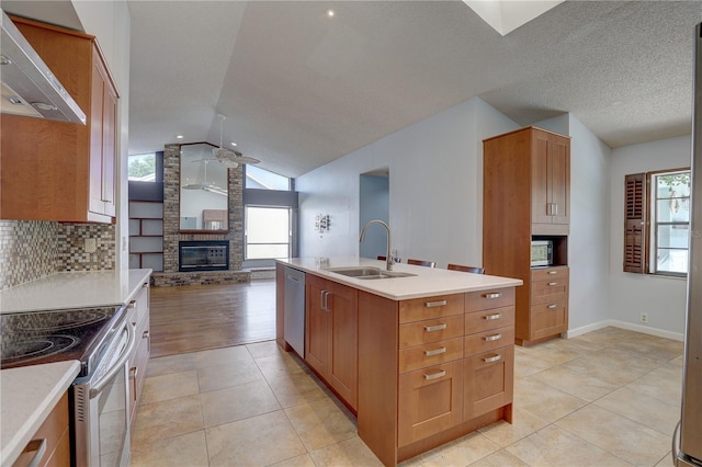 8521 Caitlin Ct, Hudson, FL 34667 - kitchen with vaulted ceiling, a sink, appliances with stainless steel finishes, a fireplace, and wall chimney range hood