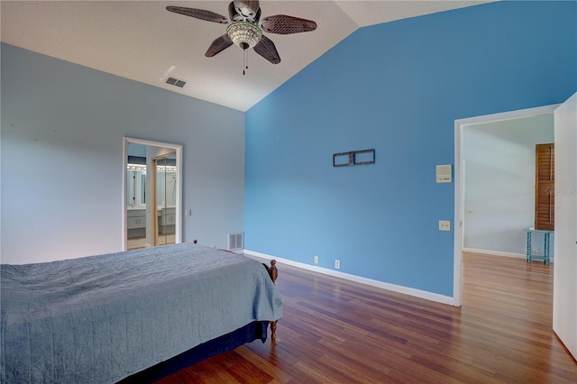 8521 Caitlin Ct, Hudson, FL 34667 - bedroom featuring wood finished floors, baseboards, high vaulted ceiling, and ceiling fan