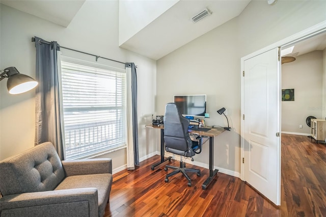 2507 Dewberry St, Valrico, FL 33596 - office with vaulted ceiling, wood finished floors, and baseboards