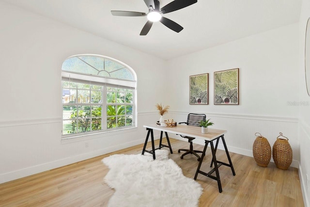 970 Ridgewood Ter, Tarpon Springs, FL 34689 - home office with wood finished floors, baseboards, ceiling fan, and a wainscoted wall