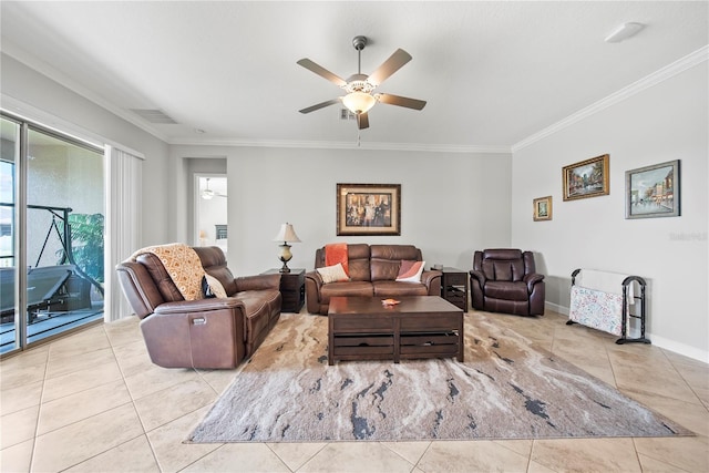11522 Sunburst Marble Rd, Riverview, FL 33579 - tiled living room featuring crown molding, ceiling fan, and baseboards