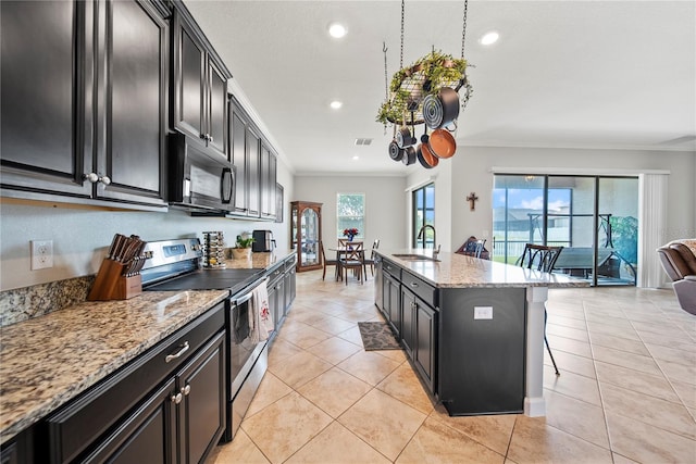 11522 Sunburst Marble Rd, Riverview, FL 33579 - kitchen with black microwave, stainless steel electric stove, ornamental molding, dark cabinetry, and a sink