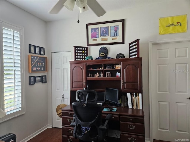4755 N El Camino Dr, Beverly Hills, FL 34465 - home office with ceiling fan, dark wood-type flooring, and baseboards