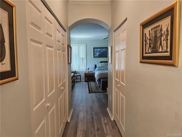 4755 N El Camino Dr, Beverly Hills, FL 34465 - hallway with ornamental molding, arched walkways, dark wood-type flooring, and baseboards