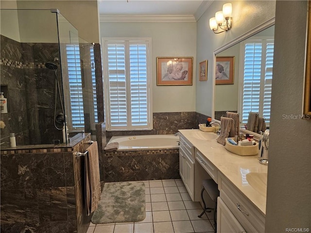 4755 N El Camino Dr, Beverly Hills, FL 34465 - full bath featuring a garden tub, ornamental molding, tiled shower, tile patterned flooring, and double vanity