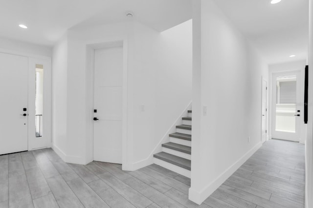 3616 W Anderson Ave, Tampa, FL 33611 - entryway featuring recessed lighting, light wood-style floors, stairway, and baseboards