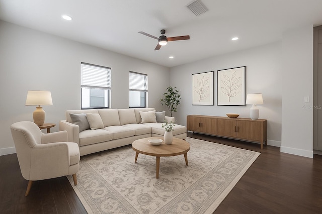 1330 W Gray St Unit 1, Tampa, FL 33606 - living room with ceiling fan, baseboards, dark wood-style flooring, and recessed lighting