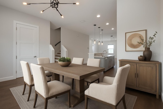 1330 W Gray St Unit 1, Tampa, FL 33606 - dining space featuring stairway, dark wood-style flooring, a chandelier, recessed lighting, and baseboards