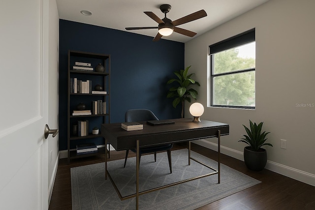 1330 W Gray St Unit 1, Tampa, FL 33606 - home office featuring ceiling fan, baseboards, wood finished floors, and built in shelves