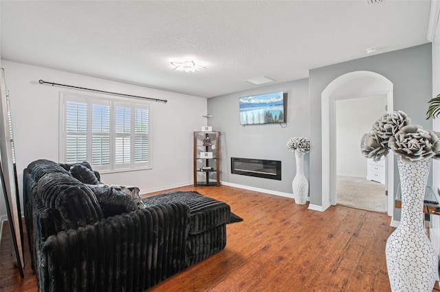 10233 Opaline Sky Pl, Riverview, FL 33578 - living room with wood finished floors, a glass covered fireplace, baseboards, and a textured ceiling