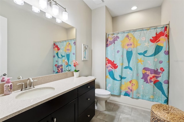 14715 Fishhawk Preserve Dr, Lithia, FL 33547 - bathroom featuring vanity, tile patterned flooring, toilet, and shower / tub combo with curtain