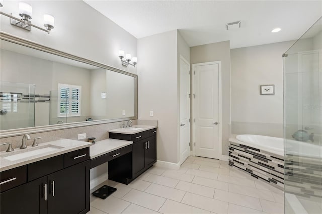 14715 Fishhawk Preserve Dr, Lithia, FL 33547 - full bath with vanity, a shower stall, a bath, tile patterned flooring, and recessed lighting