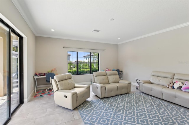 14715 Fishhawk Preserve Dr, Lithia, FL 33547 - living area featuring baseboards, ornamental molding, light tile patterned flooring, and recessed lighting