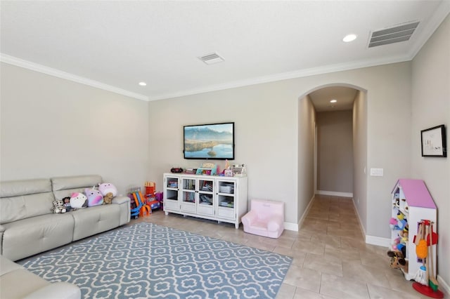 14715 Fishhawk Preserve Dr, Lithia, FL 33547 - recreation room with arched walkways, crown molding, tile patterned floors, baseboards, and recessed lighting