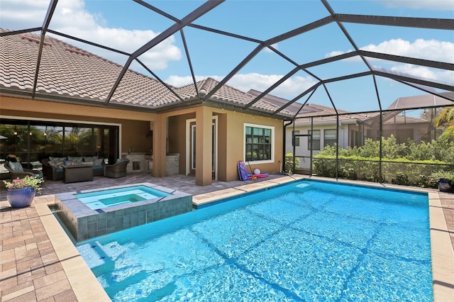 14715 Fishhawk Preserve Dr, Lithia, FL 33547 - view of pool featuring outdoor lounge area, a patio, a pool with connected hot tub, and glass enclosure