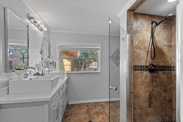 4301 S Lockwood Ridge Rd, Sarasota, FL 34231 - full bathroom with crown molding, double vanity, tiled shower, a textured ceiling, and baseboards