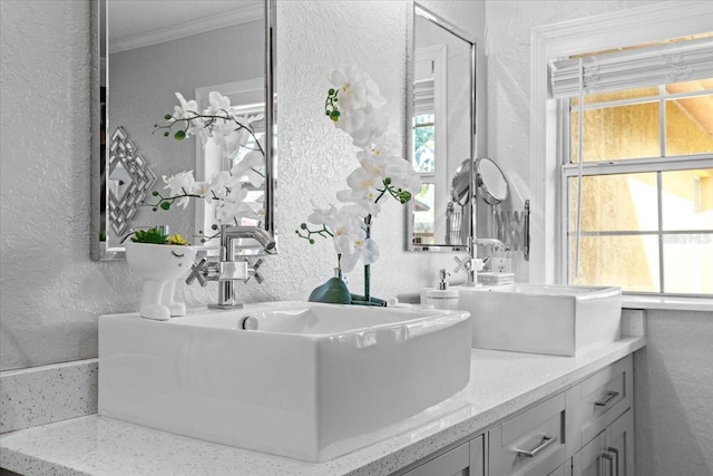 4301 S Lockwood Ridge Rd, Sarasota, FL 34231 - full bath featuring a textured wall, crown molding, double vanity, and plenty of natural light