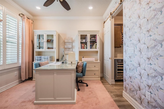 4620 Ballast Crest Cv, Land O Lakes, FL 34638 - office featuring beverage cooler, a barn door, plenty of natural light, ceiling fan, and crown molding
