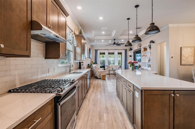 4620 Ballast Crest Cv, Land O Lakes, FL 34638 - kitchen with stainless steel appliances, open floor plan, under cabinet range hood, light wood finished floors, and ceiling fan
