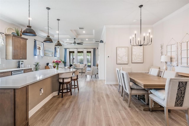 4620 Ballast Crest Cv, Land O Lakes, FL 34638 - dining space featuring light wood-style flooring, crown molding, recessed lighting, a chandelier, and a ceiling fan