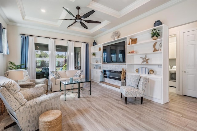 4620 Ballast Crest Cv, Land O Lakes, FL 34638 - living room with ceiling fan, light wood finished floors, crown molding, washer / dryer, and coffered ceiling