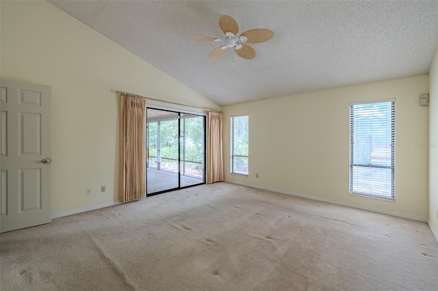1228 Rainbrook Cir, Valrico, FL 33596 - empty room featuring a textured ceiling, carpet, baseboards, ceiling fan, and vaulted ceiling