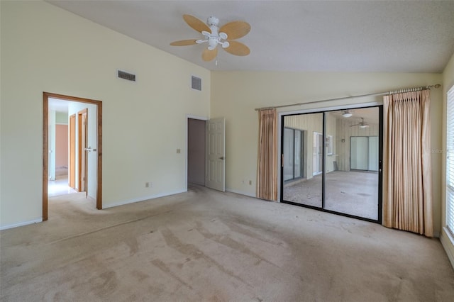 1228 Rainbrook Cir, Valrico, FL 33596 - unfurnished bedroom featuring carpet, baseboards, high vaulted ceiling, access to outside, and a ceiling fan