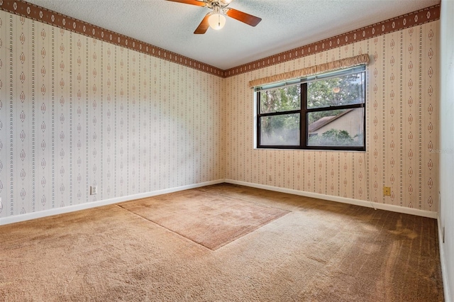 707 Warren Rd, Lutz, FL 33548 - empty room with carpet floors, a textured ceiling, ceiling fan, and wallpapered walls