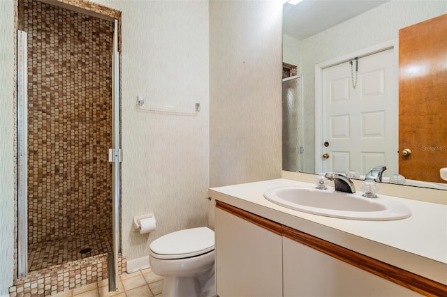 707 Warren Rd, Lutz, FL 33548 - bathroom with toilet, a shower stall, vanity, and tile patterned flooring