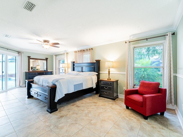 382 Florian Way, Spring Hill, FL 34609 - bedroom featuring access to exterior, crown molding, light tile patterned floors, a textured ceiling, and a ceiling fan