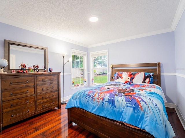 382 Florian Way, Spring Hill, FL 34609 - bedroom featuring a textured ceiling, dark wood-style flooring, ornamental molding, and baseboards
