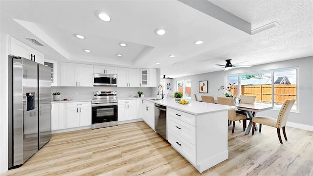 829 Riverside Dr, Tarpon Springs, FL 34689 - kitchen featuring stainless steel appliances, a peninsula, light wood-style floors, glass insert cabinets, and recessed lighting