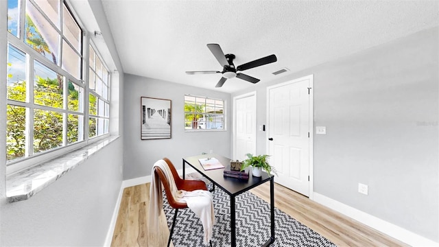 829 Riverside Dr, Tarpon Springs, FL 34689 - office featuring baseboards, a textured ceiling, light wood-style floors, and ceiling fan