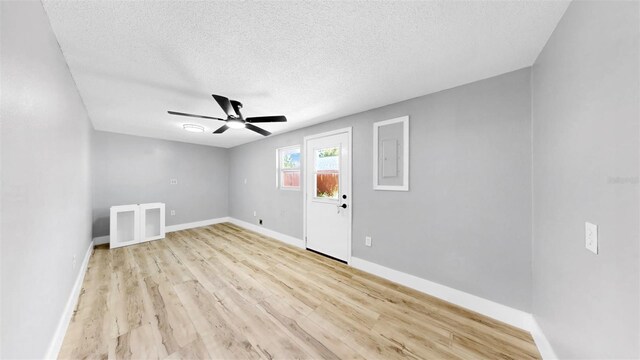 829 Riverside Dr, Tarpon Springs, FL 34689 - spare room with a textured ceiling, a ceiling fan, light wood finished floors, baseboards, and electric panel