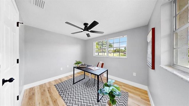 829 Riverside Dr, Tarpon Springs, FL 34689 - office featuring wood finished floors, a ceiling fan, baseboards, and a textured ceiling