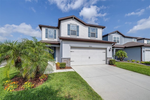 6563 Ryestone Way, Wesley Chapel, FL 33545 - view of front of home with concrete driveway, a garage, stone siding, stucco siding, and a front lawn