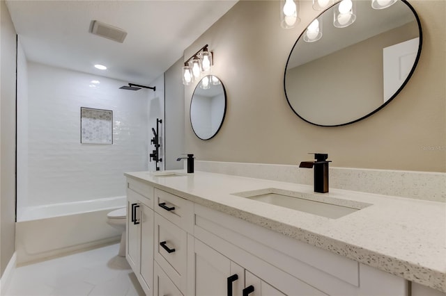 10744 Drummond Rd, Tampa, FL 33615 - full bathroom featuring double vanity, toilet, bathing tub / shower combination, tile patterned flooring, and recessed lighting