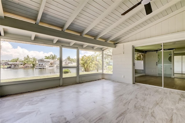 10744 Drummond Rd, Tampa, FL 33615 - unfurnished sunroom featuring a water view and ceiling fan