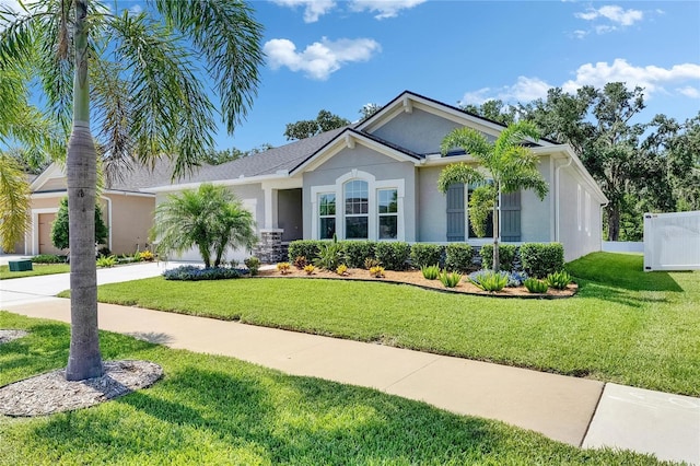 12957 Satin Lily Dr, Riverview, FL 33579 - single story home with concrete driveway, an attached garage, a front lawn, and stucco siding