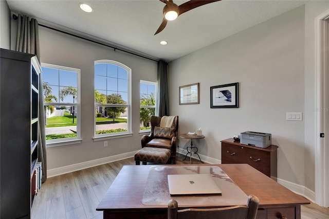 12957 Satin Lily Dr, Riverview, FL 33579 - office space featuring a ceiling fan, baseboards, recessed lighting, and light wood-style floors