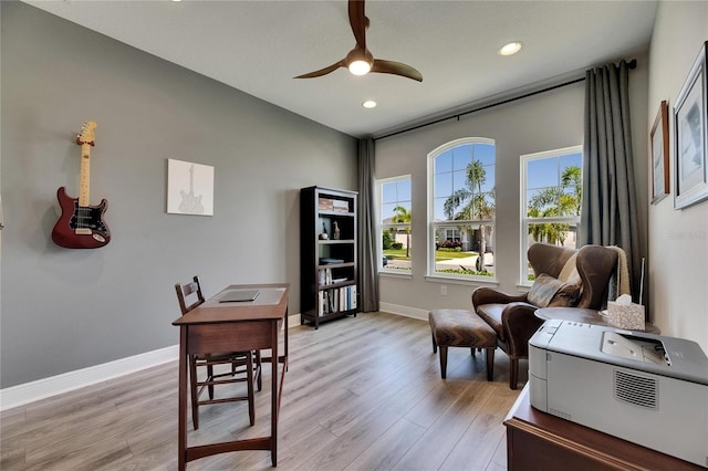 12957 Satin Lily Dr, Riverview, FL 33579 - sitting room featuring a ceiling fan, light wood-style floors, recessed lighting, and baseboards