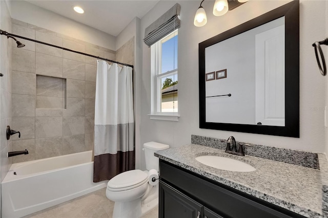 12957 Satin Lily Dr, Riverview, FL 33579 - full bathroom featuring vanity, shower / bath combination with curtain, toilet, and tile patterned floors