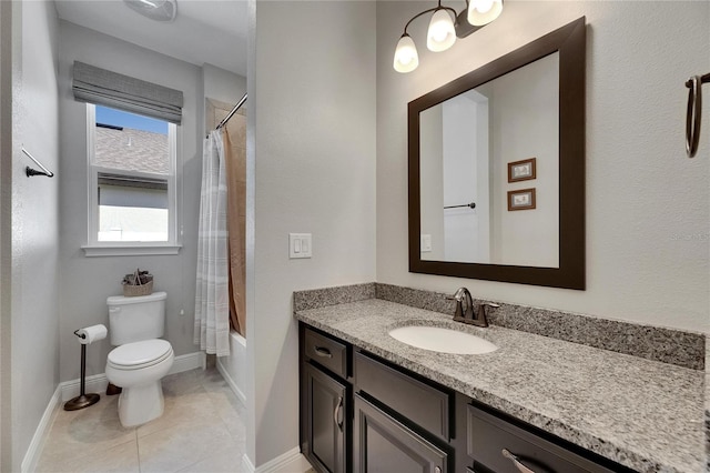 12957 Satin Lily Dr, Riverview, FL 33579 - bathroom with vanity, toilet, baseboards, shower / tub combo with curtain, and tile patterned flooring