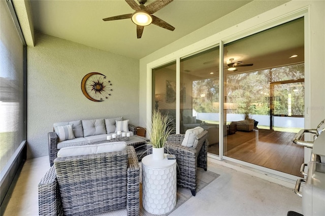 12957 Satin Lily Dr, Riverview, FL 33579 - sunroom / solarium featuring a ceiling fan and outdoor lounge area