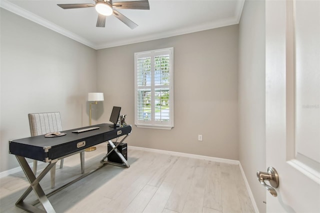 751 Cajeput Loop, Tarpon Springs, FL 34689 - home office with a ceiling fan, light wood-type flooring, ornamental molding, and baseboards